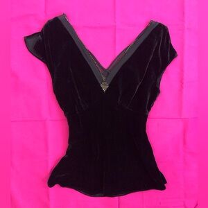 LAUNDRY Black Velvet Top, Silk Trim & Beaded Embellishment